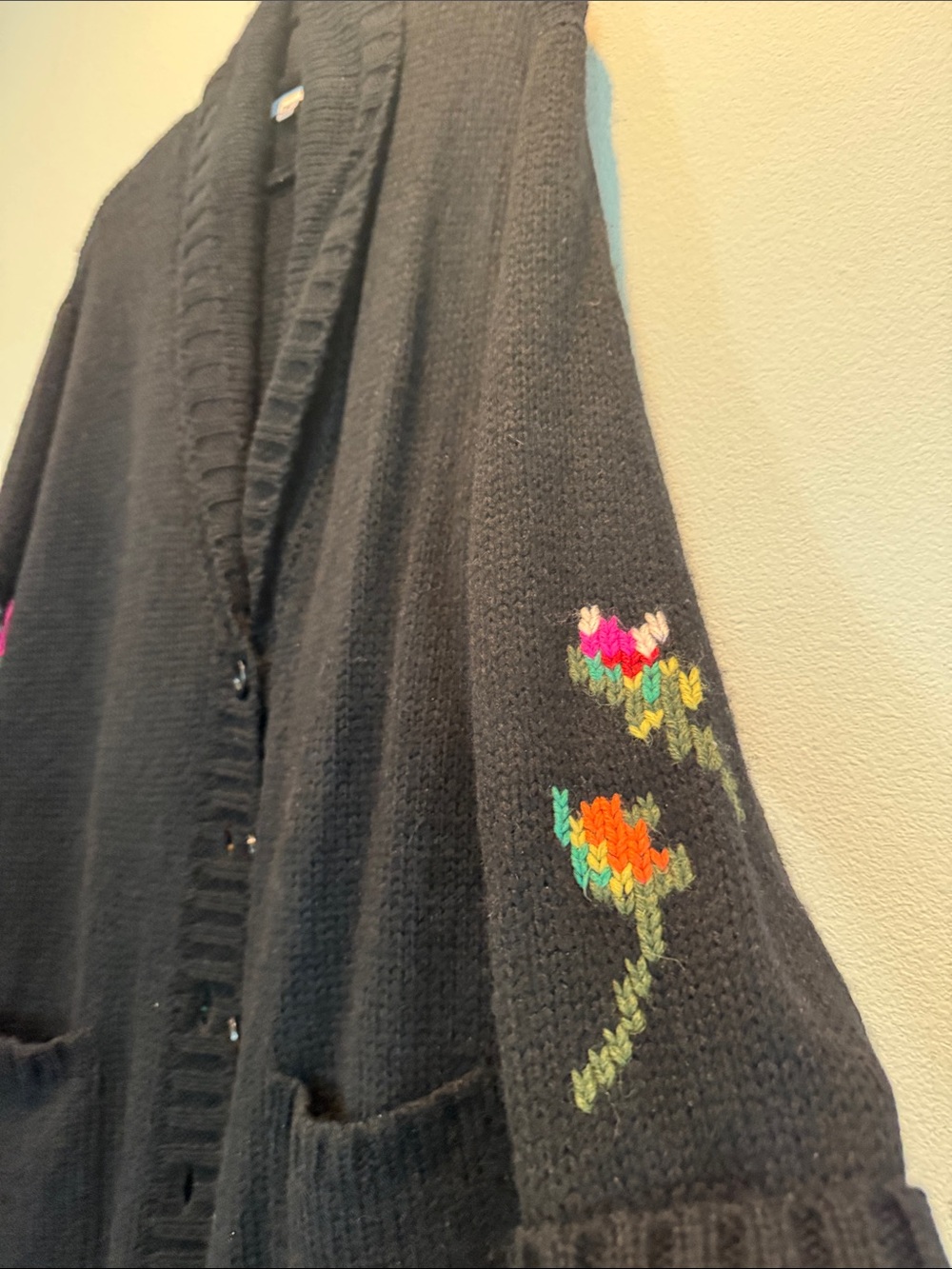 Johnny Was Black Shawl-Collar Cardigan with Multicolor Floral Sleeves - Picture 2 of 6